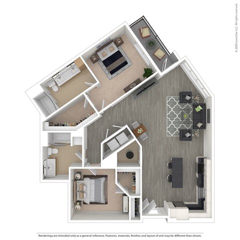 Floor plan for 1 bed, 2 baths, 1237 sqft